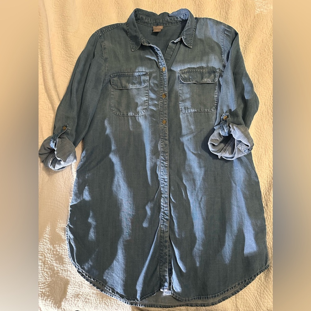Chico’s sz 1 Blue Denim Button-Up Shirt Dress Tunic - Picture 2 of 8